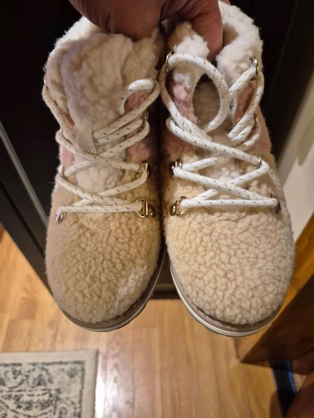Cat & Jack Cream and Pink Sherpa Lace-Up Kids Ankle Boots